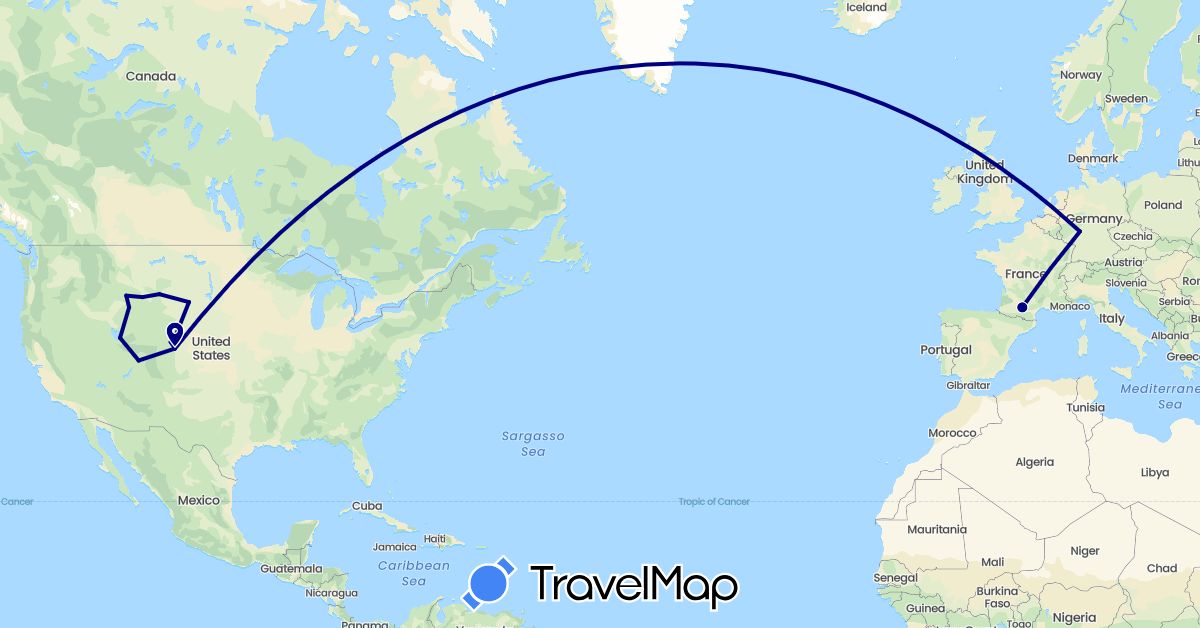 TravelMap itinerary: driving in Germany, France, United States (Europe, North America)